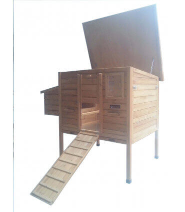 Poulailler de qualité sur pilotis pour 4/6 poules, fenêtres anti-fouines. Toit vert ouvrant bitumé.