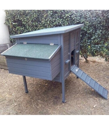 Le Bungal'o perché poulailler bois peint en bleu. design et solide, aménagement intérieur pour 6 poules. exemple de client.