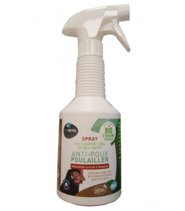 Spray anti-poux rouge et poux broyeur en lutte bio. À pulvériser dans le poulailler contre les parasites des volailles.