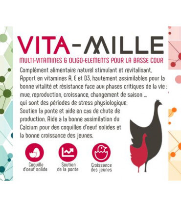 Flacon de vitamines pour les poules. Complémente la boisson.