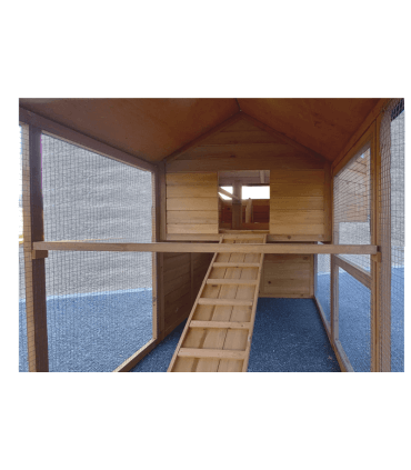 enclos protégé du poulailler duplex de Miranda en bois epais, original et design.