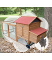 poulailler mobile roulotte Bohémie avec roulettes, double nid, enclos grillagé, idéal 4 poules. vue jardin.