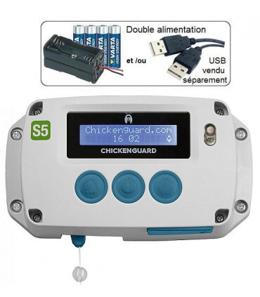 ChickenGuard moteur pour porte automatique de poulailler alimentation piles et usb, version standard avec multi timer.
