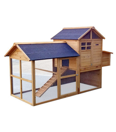 Poulailler Miranda bois épais 5 poules, enclos grillagé couvert. 3 nids. mobile et design.