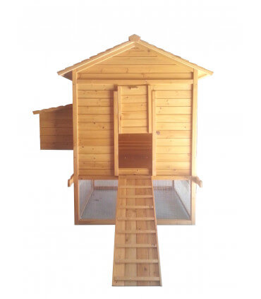 Accès au poulailler par la rampe bois adaptée aux petites poules et poussins. Trappe guillotine motorisable et enclos grillagé.