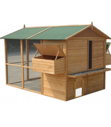 Grand poulailler bois avec tiroir de nettoyage et trappe guillotine de motorisation.